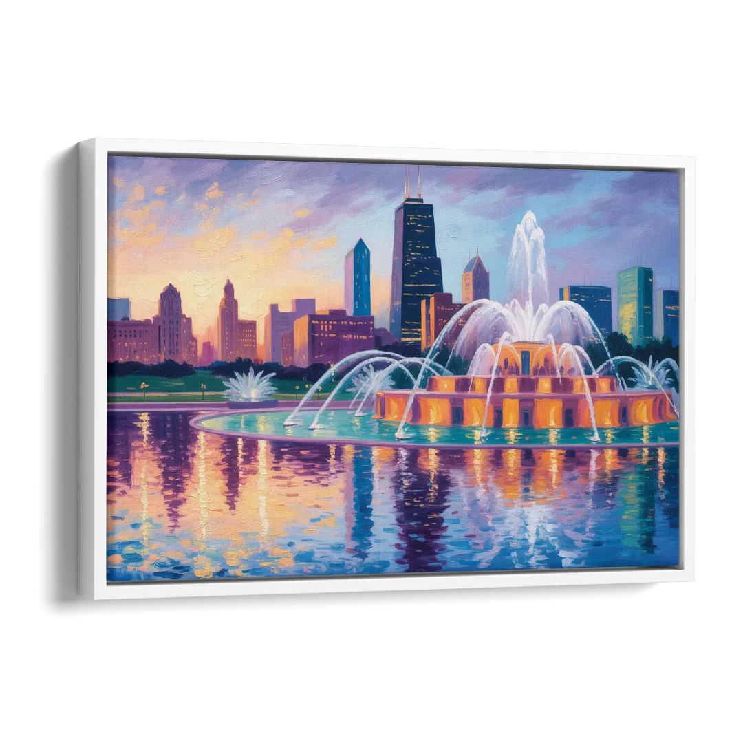 Chicago Buckingham Fountain at Dusk Side - White Canvas Wall Art