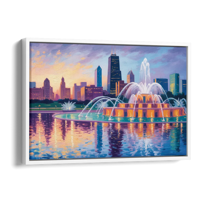 Chicago Buckingham Fountain at Dusk Side - White Canvas Wall Art