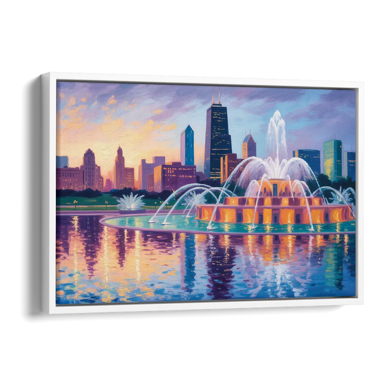 Chicago Buckingham Fountain at Dusk Side - White Canvas Wall Art