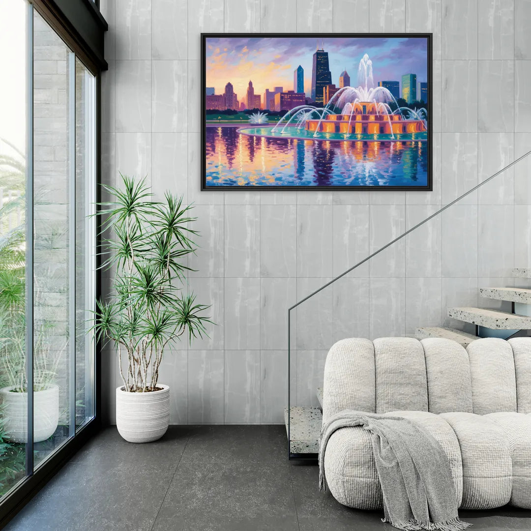 Chicago Buckingham Fountain at Dusk - Living Room Black Frame Canvas
