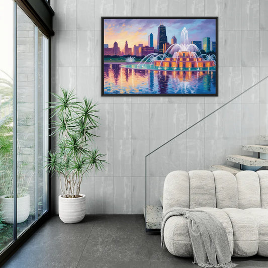 Chicago Buckingham Fountain at Dusk - Living Room Black Frame Canvas