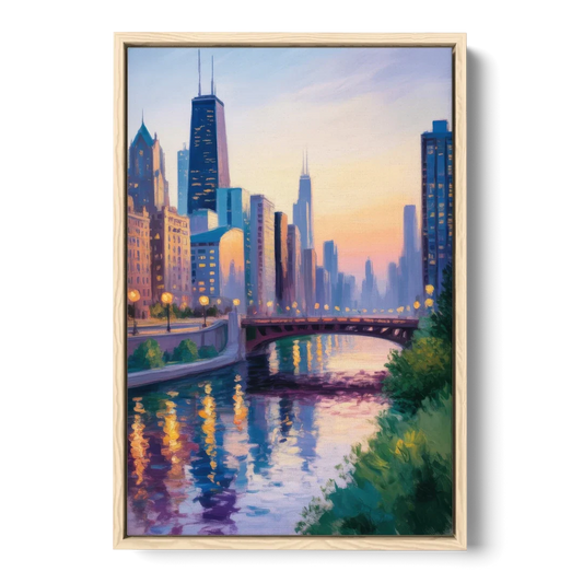 Chicago City Lights Long Exposure - Oak Framed Canvas Wall Art - Front