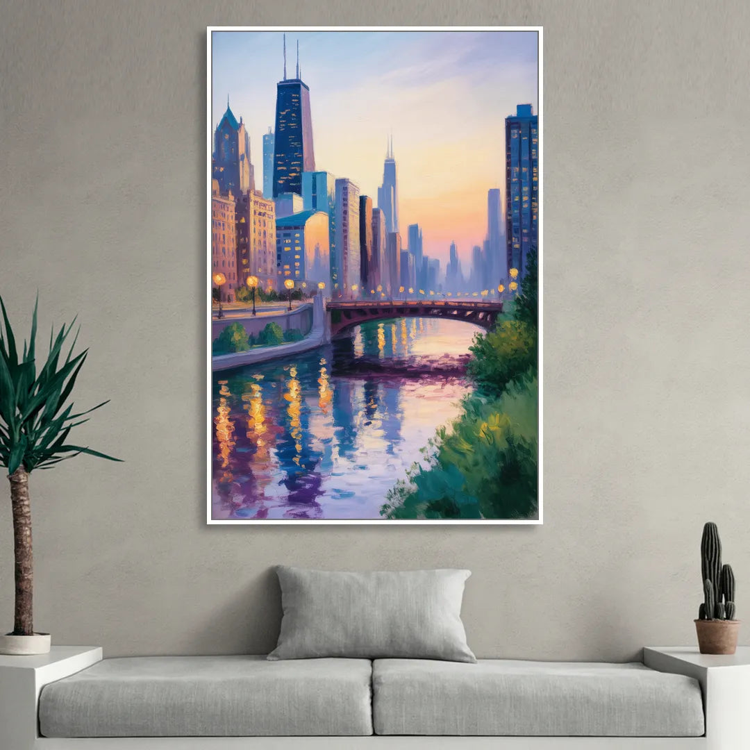 Chicago City Lights Long Exposure Sitting Room - White Canvas Wall Art
