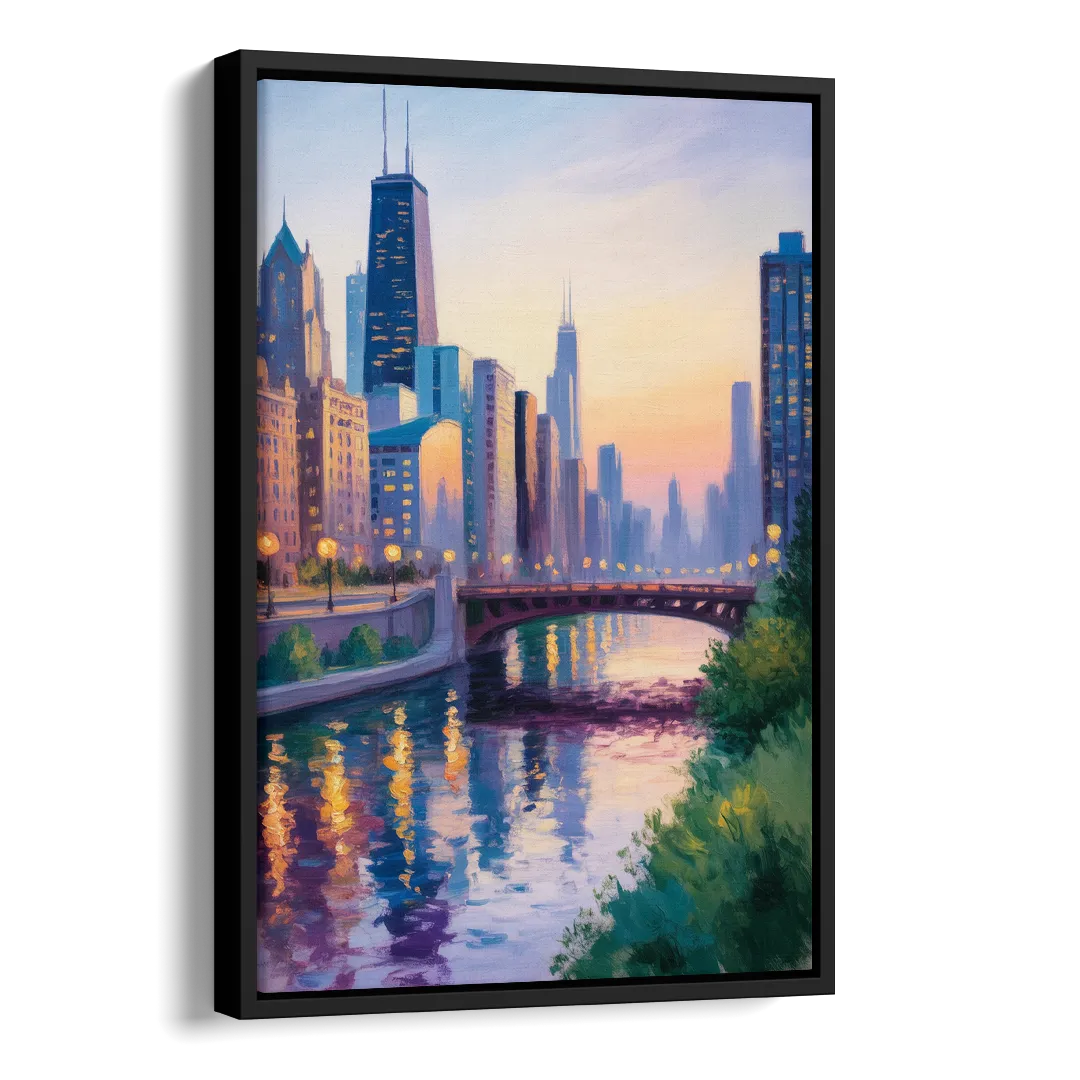 Chicago City Lights Long Exposure Side - Black Canvas Wall Art