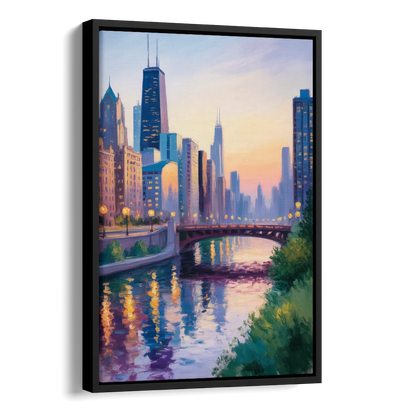Chicago City Lights Long Exposure Side - Black Canvas Wall Art
