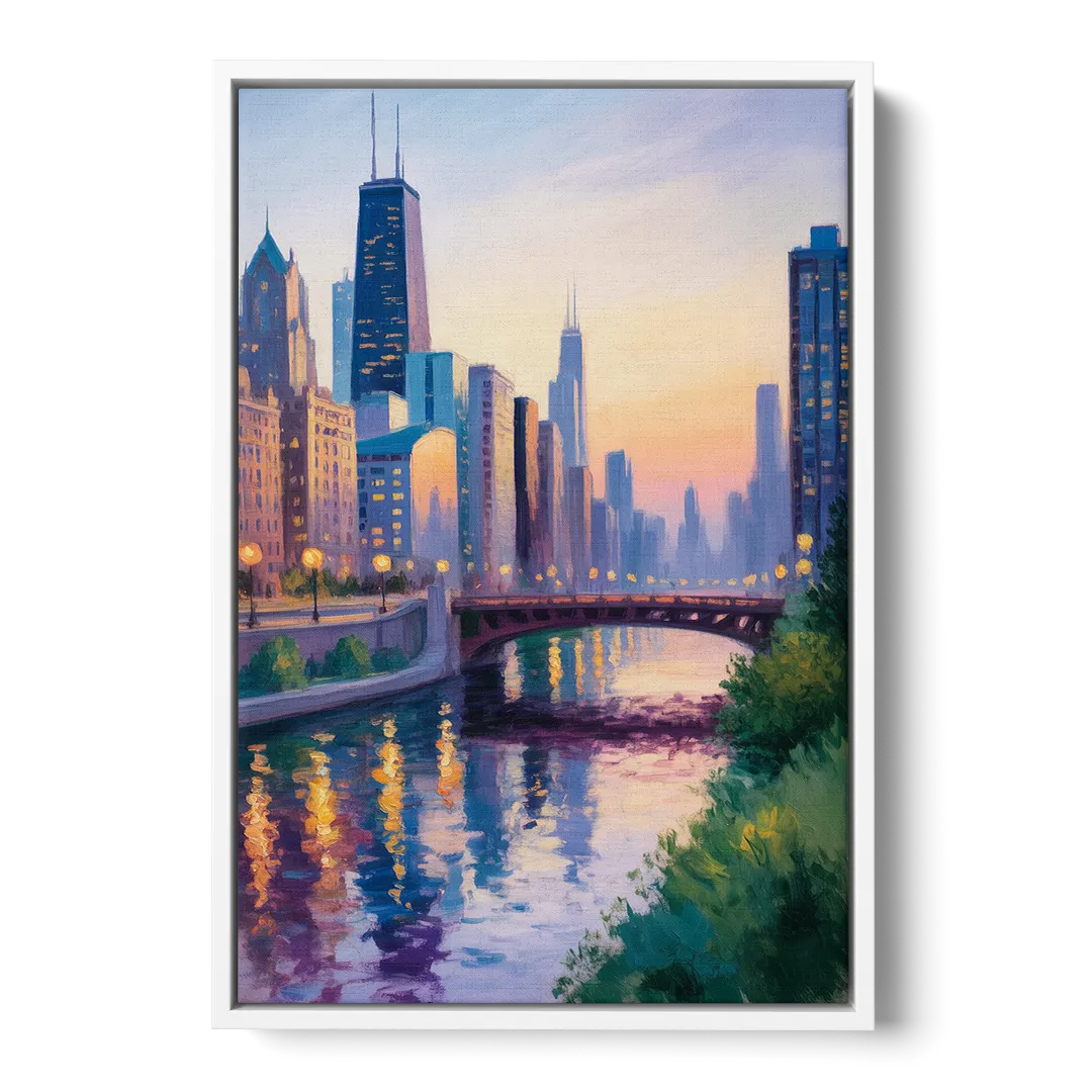 Chicago City Lights Long Exposure Front - White Canvas Wall Art