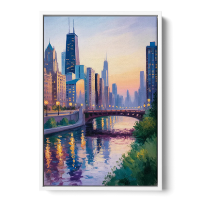 Chicago City Lights Long Exposure Front - White Canvas Wall Art