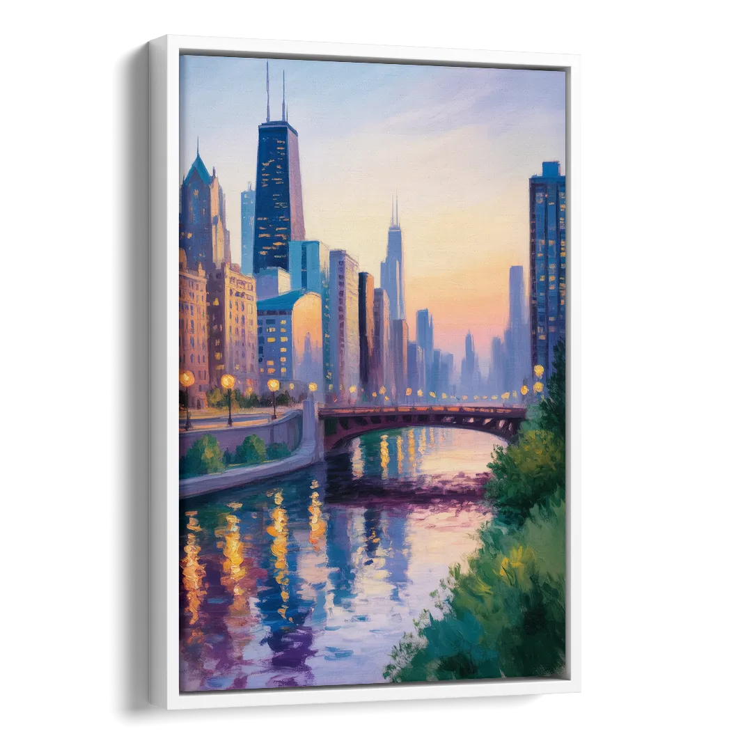 Chicago City Lights Long Exposure Side - White Canvas Wall Art