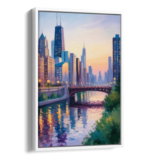 Chicago City Lights Long Exposure Side - White Canvas Wall Art