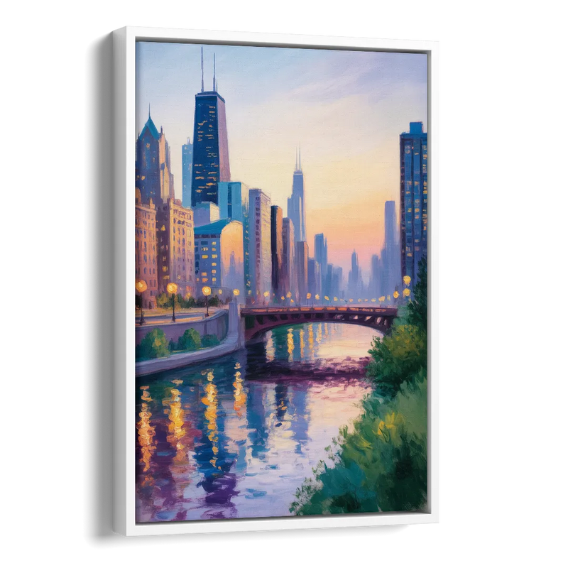Chicago City Lights Long Exposure Side - White Canvas Wall Art