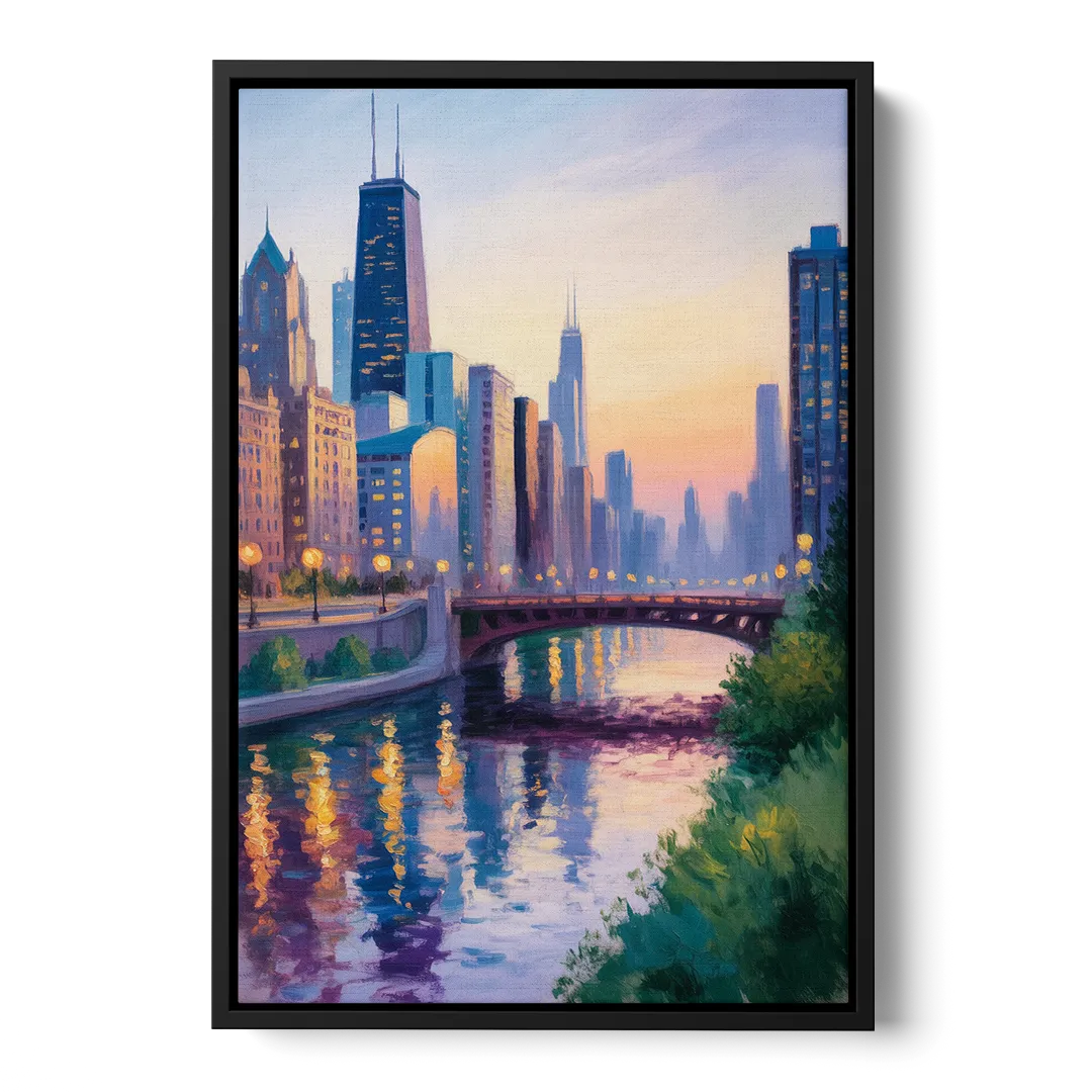 Chicago City Lights Long Exposure - Black Frame Canvas