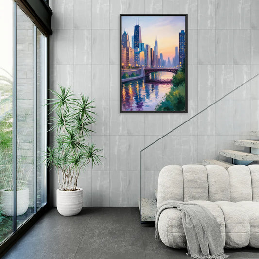 Chicago City Lights Long Exposure - Living Room Black Frame Canvas