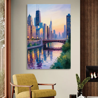 Chicago City Lights Long Exposure Living Room - Canvas Wall Art