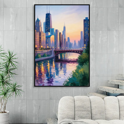 Chicago City Lights Long Exposure Living Room - Black Canvas Wall Art
