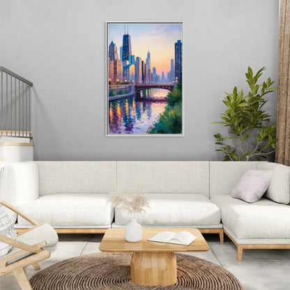 Chicago City Lights Long Exposure - Living Room White Frame Canvas