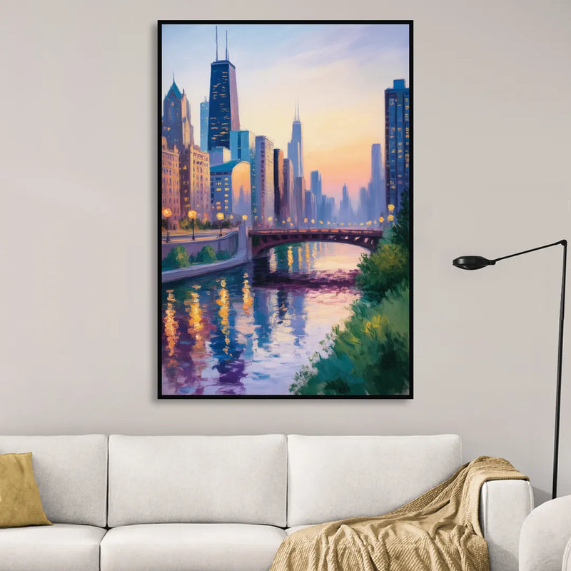 Chicago City Lights Long Exposure Sitting Room - Black Canvas Wall Art