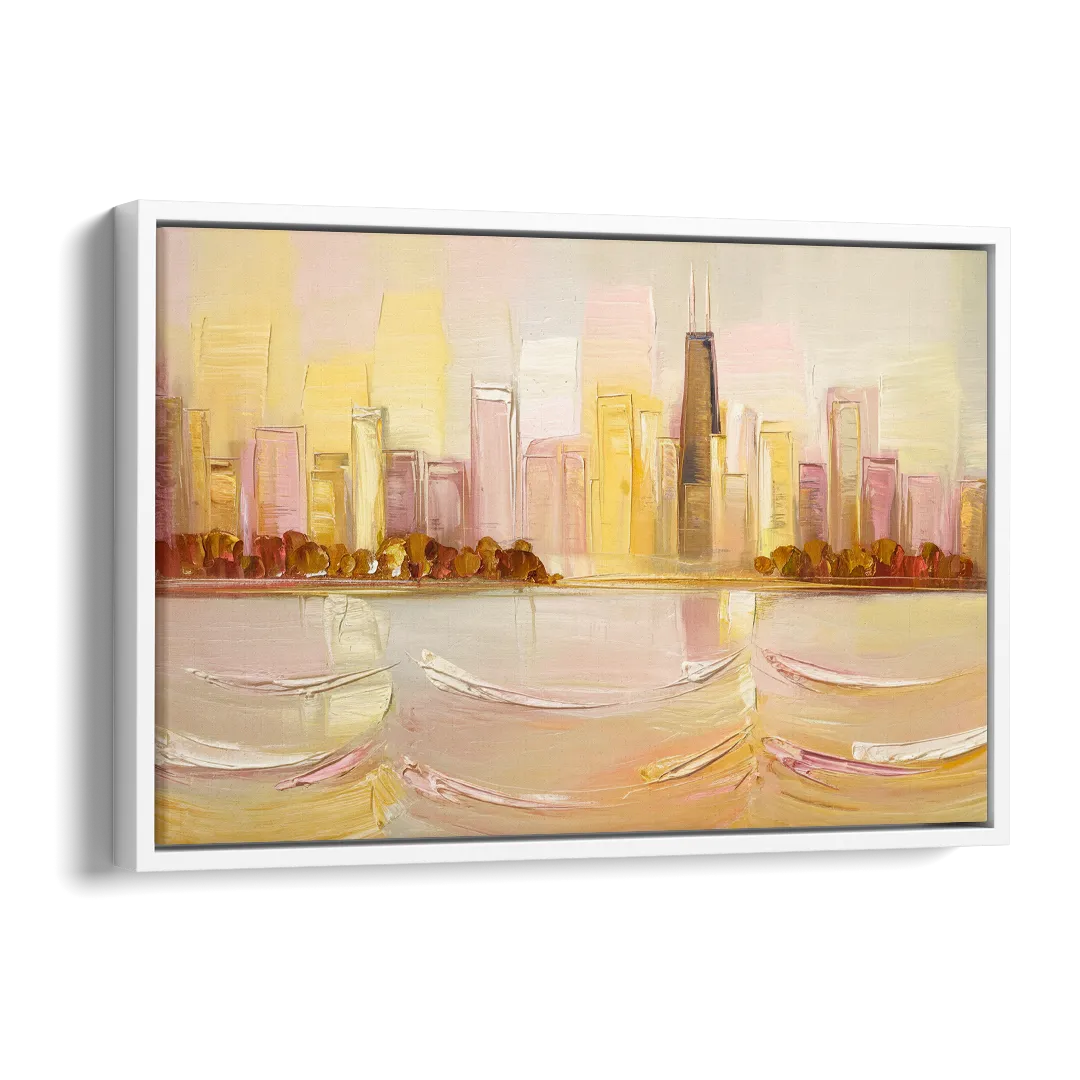 Chicago Cityscape At Dawn Side - White Canvas Wall Art