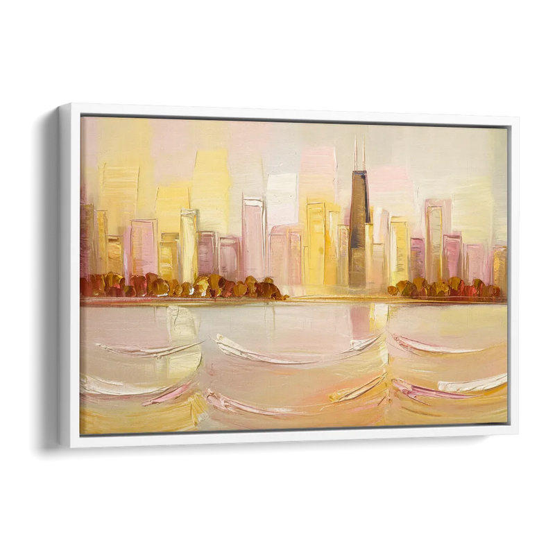 Chicago Cityscape At Dawn Side - White Canvas Wall Art