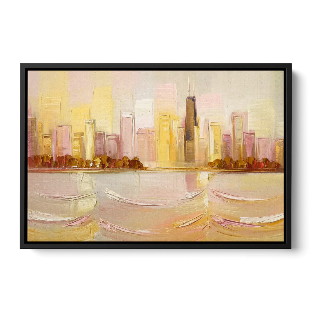 Chicago Cityscape At Dawn Front - Black Canvas Wall Art