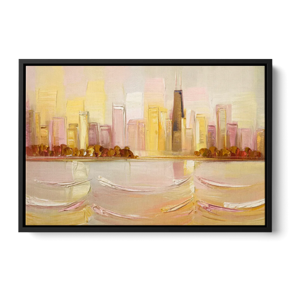 Chicago Cityscape At Dawn Front - Black Canvas Wall Art