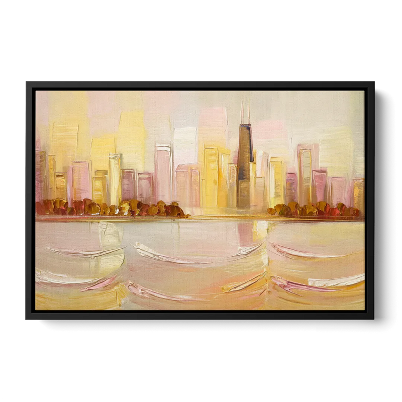 Chicago Cityscape At Dawn Front - Black Canvas Wall Art