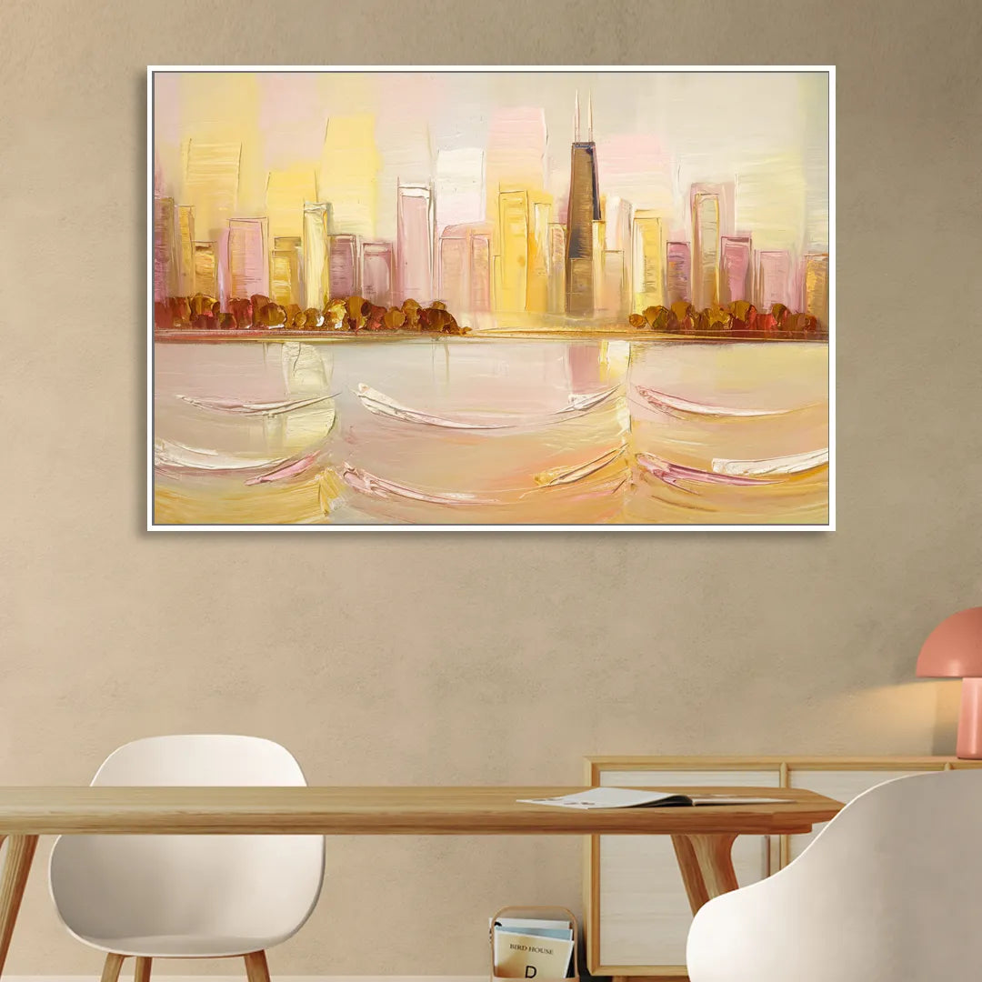 Chicago Cityscape At Dawn Living Room - White Canvas Wall Art