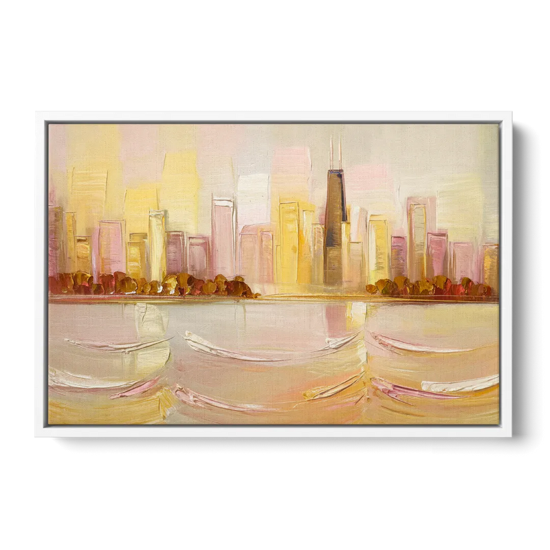 Chicago Cityscape At Dawn Front - White Canvas Wall Art