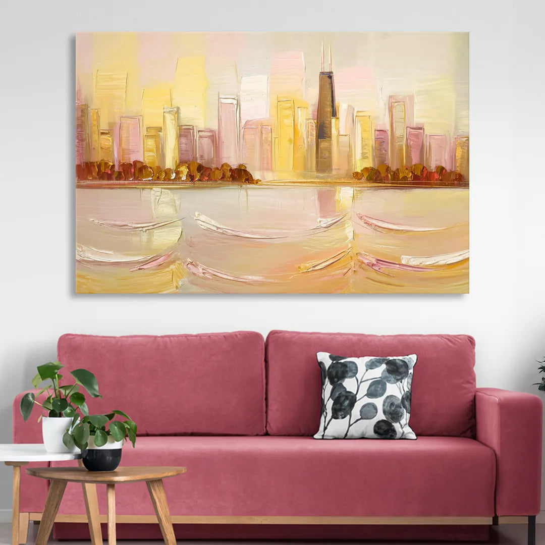 Chicago Cityscape At Dawn Living Room - Canvas Wall Art