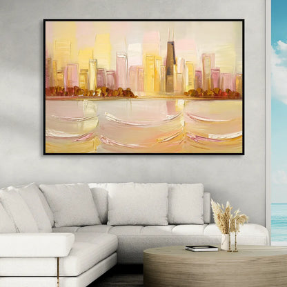 Chicago Cityscape At Dawn Living Room - Black Canvas Wall Art