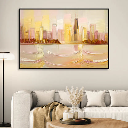 Chicago Cityscape At Dawn Sitting Room - Black Canvas Wall Art