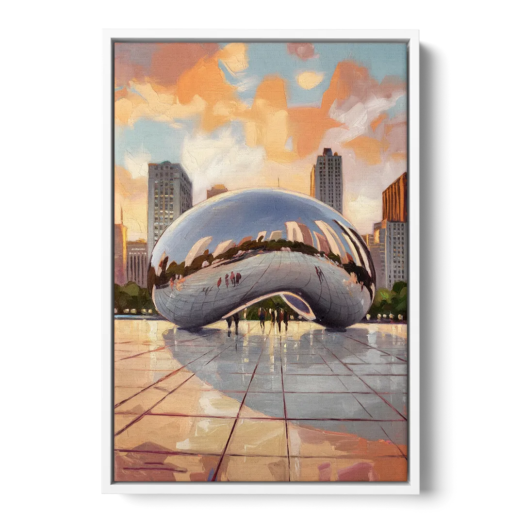Chicago Cloud Gate Reflection Front - White Canvas Wall Art