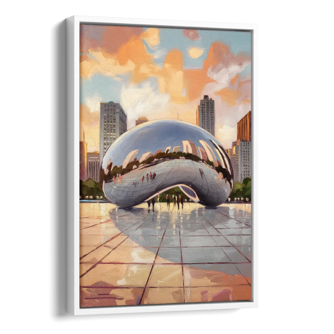 Chicago Cloud Gate Reflection Side - White Canvas Wall Art