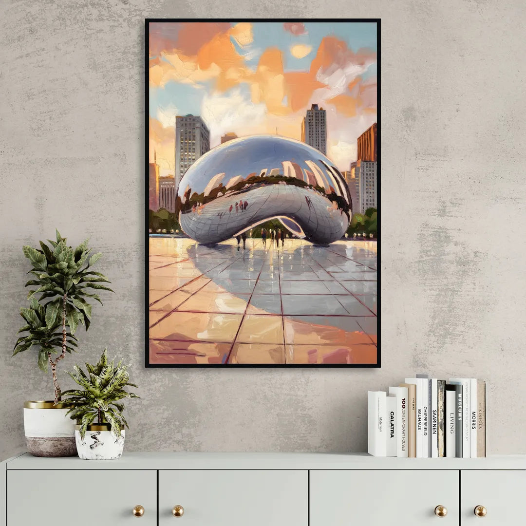 Chicago Cloud Gate Reflection Sitting Room - Black Canvas Wall Art