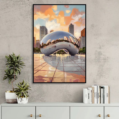 Chicago Cloud Gate Reflection Sitting Room - Black Canvas Wall Art