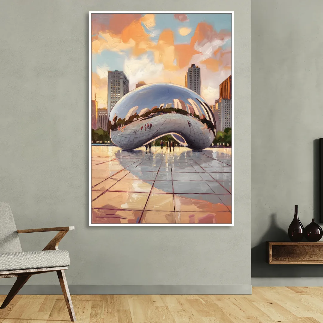Chicago Cloud Gate Reflection Living Room - White Canvas Wall Art