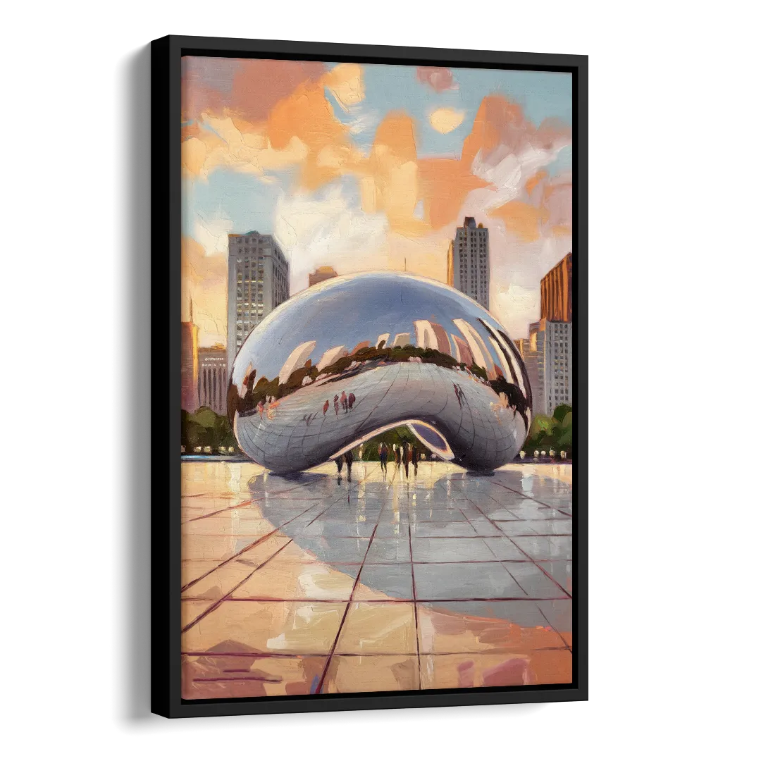 Chicago Cloud Gate Reflection Side - Black Canvas Wall Art