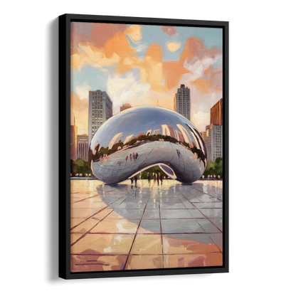Chicago Cloud Gate Reflection Side - Black Canvas Wall Art