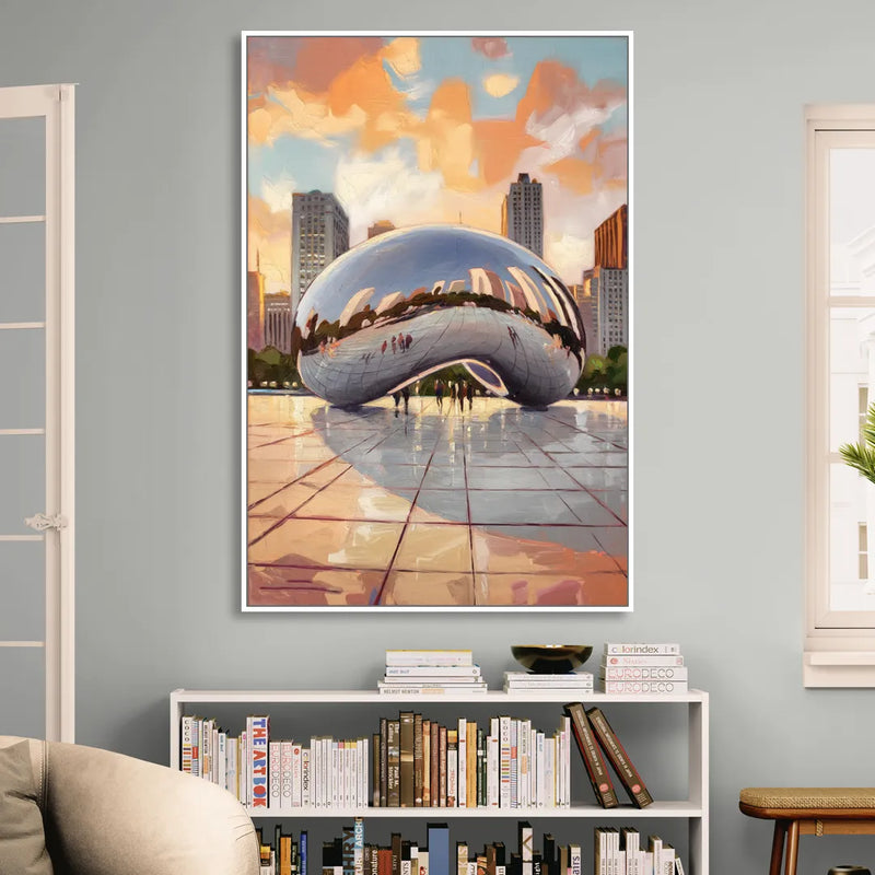 Chicago Cloud Gate Reflection Sitting Room - White Canvas Wall Art