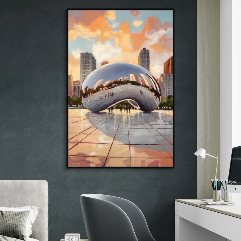 Chicago Cloud Gate Reflection Living Room - Black Canvas Wall Art