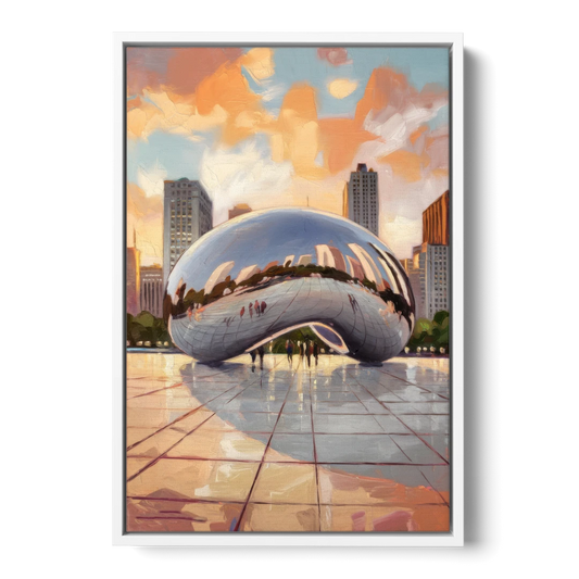 Chicago Cloud Gate Reflection - White Framed Canvas Wall Art - Front