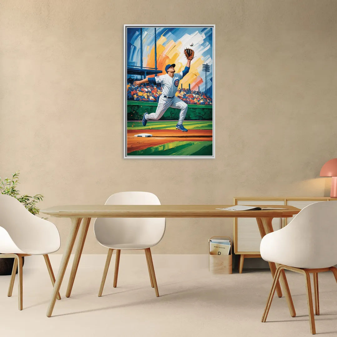 Chicago Cubs Outfield Catch - Living Room White Frame Canvas