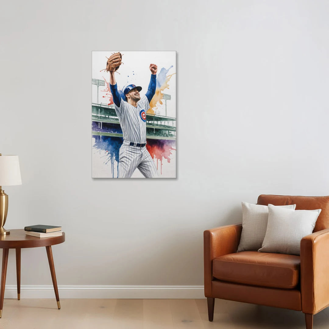 Chicago Cubs Player Celebration in Expressive Watercolor - Canvas Wall Art - Sofa - 24x36