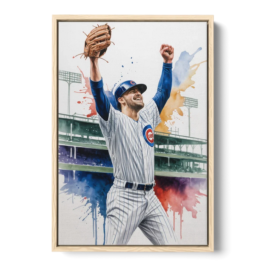 Chicago Cubs Player Celebration in Expressive Watercolor - Oak Framed Canvas Wall Art - Front