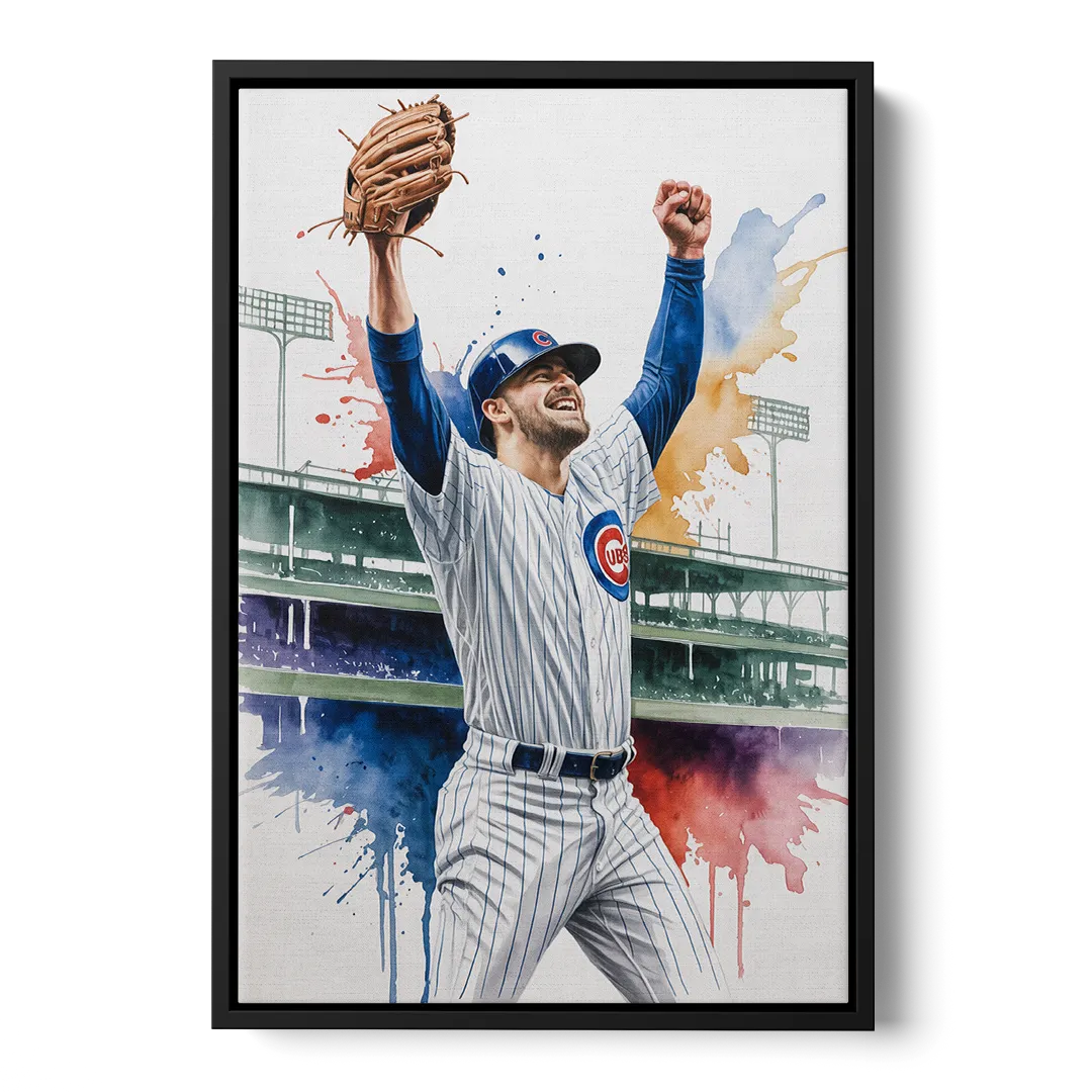 Chicago Cubs Player Celebration in Expressive Watercolor - Black Frame Canvas