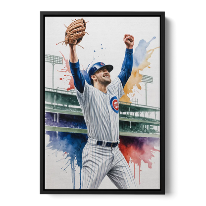 Chicago Cubs Player Celebration in Expressive Watercolor - Black Frame Canvas