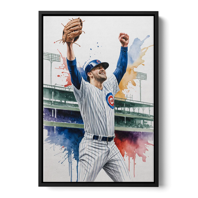 Chicago Cubs Player Celebration in Expressive Watercolor Front - Black Canvas Wall Art