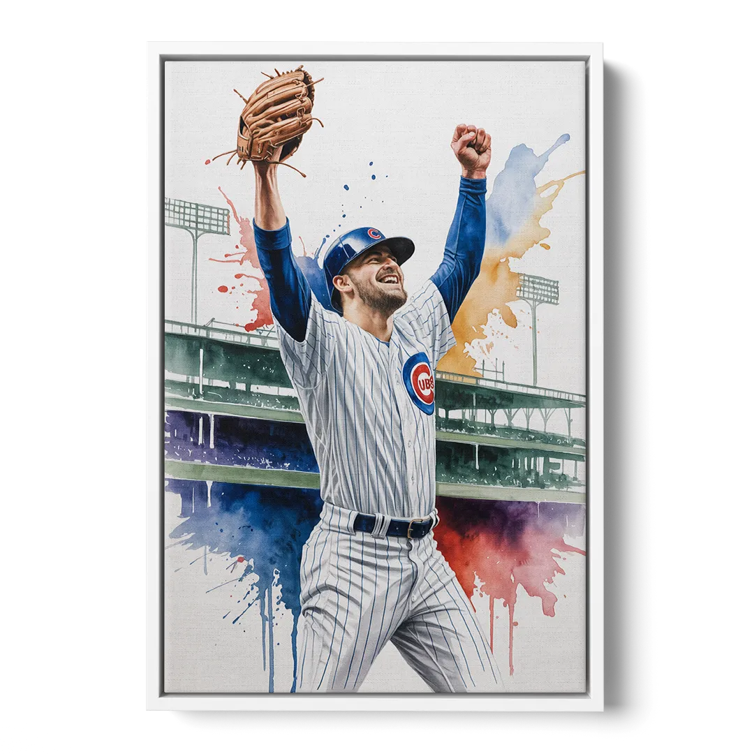 Chicago Cubs Player Celebration in Expressive Watercolor - White Frame Canvas