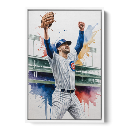Chicago Cubs Player Celebration in Expressive Watercolor - White Frame Canvas