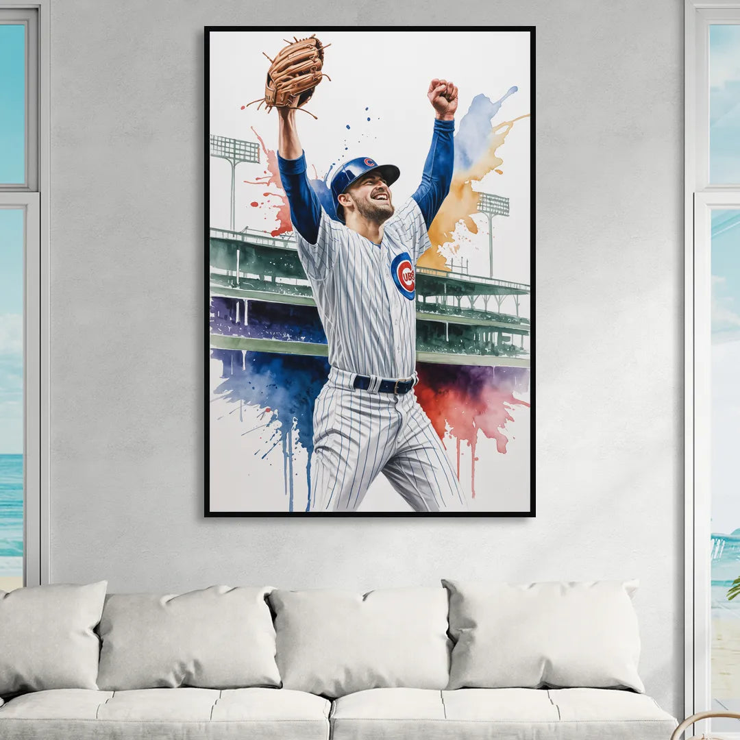 Chicago Cubs Player Celebration in Expressive Watercolor Sitting Room - Black Canvas Wall Art