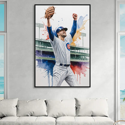 Chicago Cubs Player Celebration in Expressive Watercolor Sitting Room - Black Canvas Wall Art